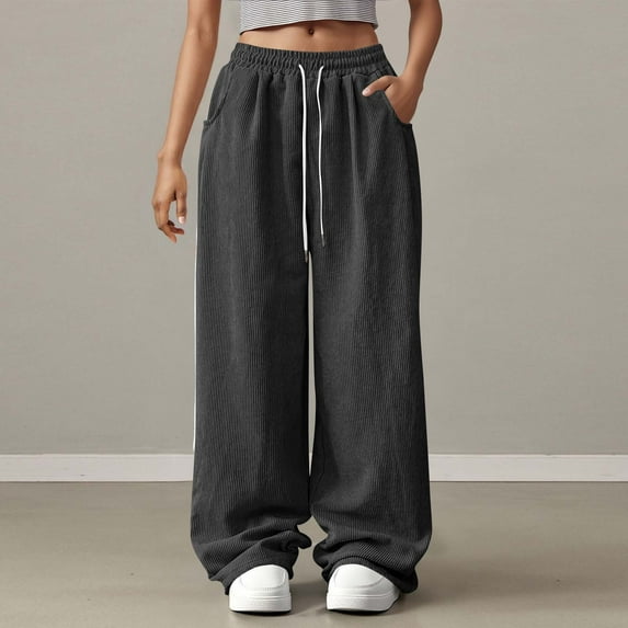 Busydd Pants for Women Solid Color Casual Baggy Sweatpants Fashion Ribbed Elastic Waist Lounge Pants Comfortable Drawstring Cotton Pants for Women with Pockets XL