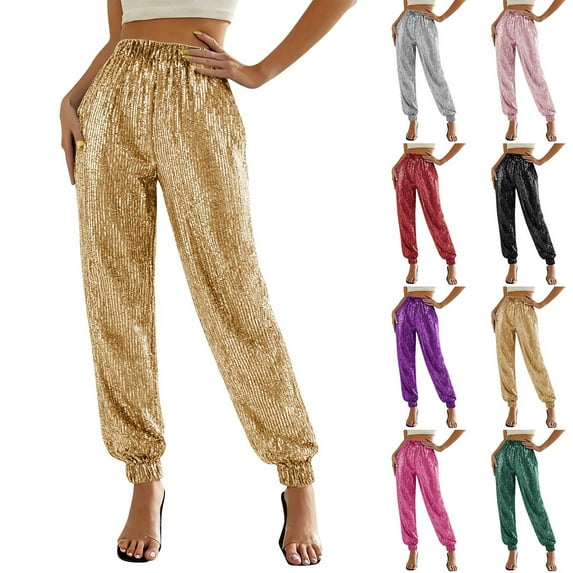 Busydd Pants for Women Trendy Stretchy Drawstring Sequin Party Performance Dress Pants Women Solid Color Elastic Bottom Women's Pants S
