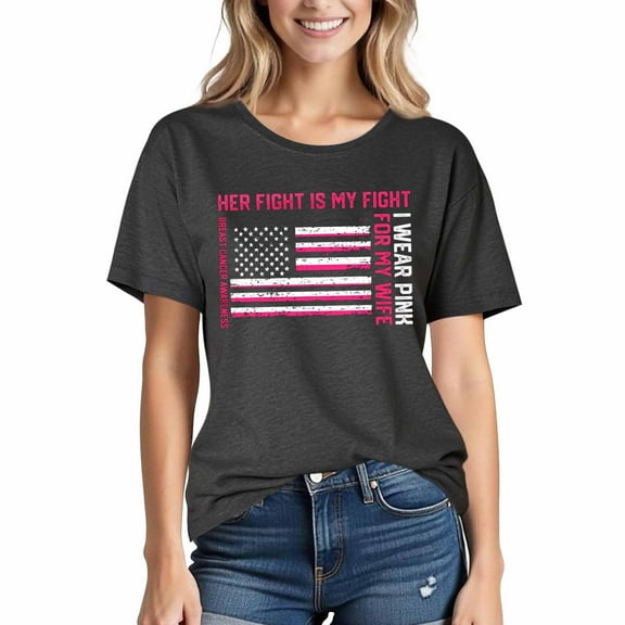 Busydd Pink Ribbon T Shirts for Women Inspirational Breast Cancer Awareness Graphic Tees Casual Comfy Short Sleeve Round Cotton Tshirts Shirts for Women L