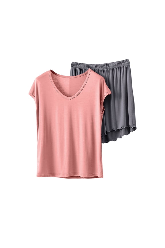 Pj Sets for Woman Trendy Solid Color 2 Piece Lounge Sets for Women Casual Comfy Short Sleeve V Neck T-Shirts and Elastic Waist Shorts Women's Pajama Sets
