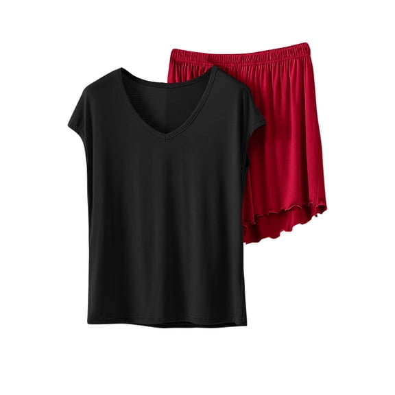 Busydd Pj Sets for Woman Trendy Solid Color 2 Piece Lounge Sets for Women Casual Comfy Short Sleeve V Neck T-Shirts and Elastic Waist Shorts Women's Pajama Sets