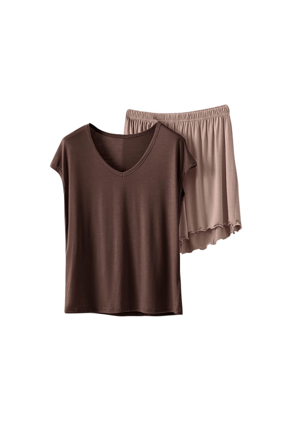 Pj Sets for Woman Trendy Solid Color 2 Piece Lounge Sets for Women Casual Comfy Short Sleeve V Neck T-Shirts and Elastic Waist Shorts Women's Pajama Sets