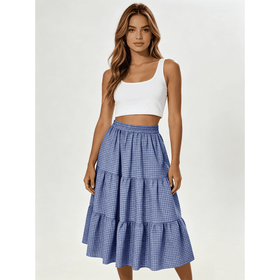 Busydd Plaid Skirt for Women Casual Flowy Elastic Waist Linen Skirt Fashion Summer Tiered Midi Skirt 2XL