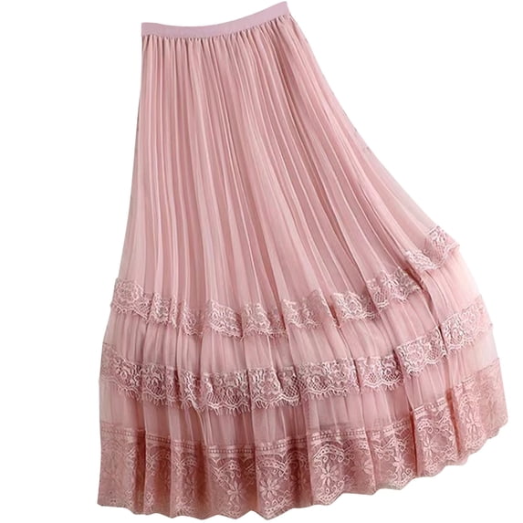 Busydd Pleated Skirts for Women Fashion A Line High Waisted Maxi Skirt Casual Flowy Solid Color Mesh Long Skirts Free Size