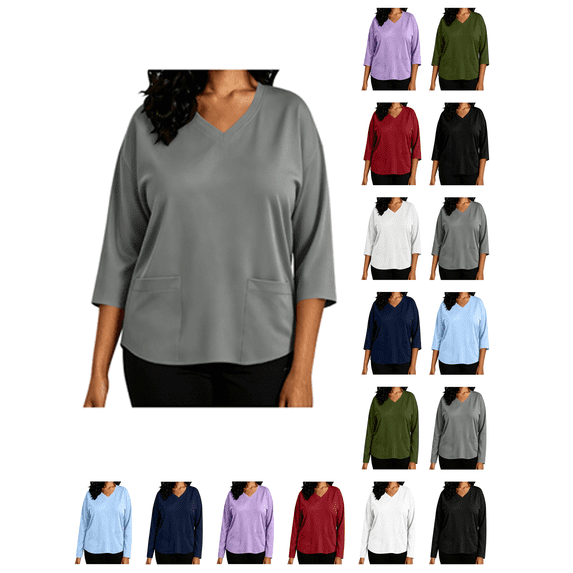 Busydd Plus Size 3/4 Length Sleeve Womens Scrub Tops with Pockets Casual Solid Color Scrubs for Women Comfortable V Neck Workwear Tops L