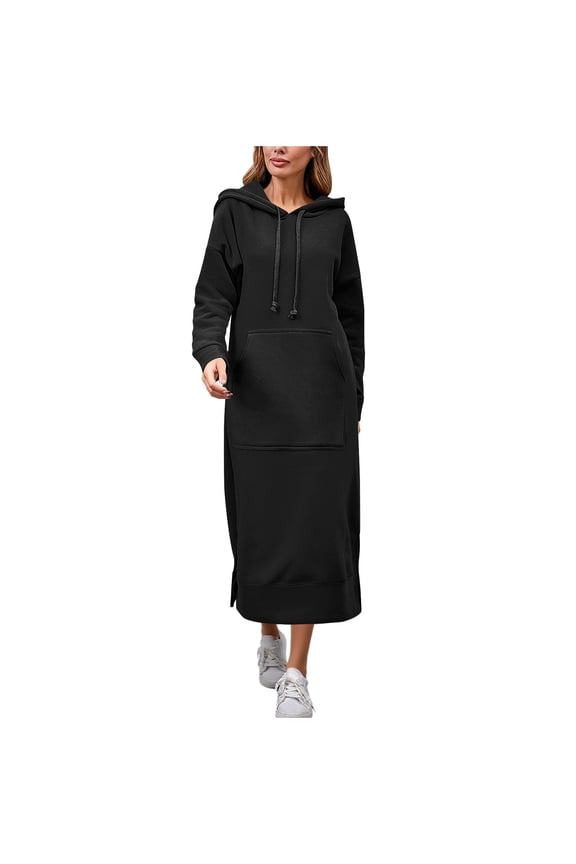 Plus Size Dresses for Women Casual Solid Color Fleece Midi Dresses for Women Trendy Hooded Drawstring Long Sleeve Dress for Women with Pockets XL