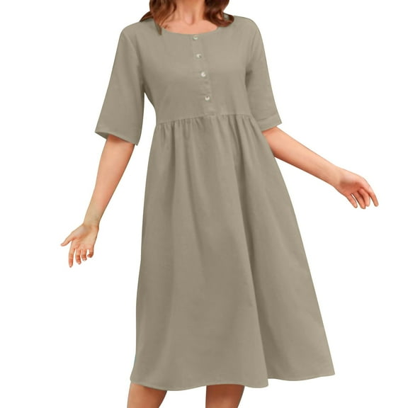 Busydd Plus Size Dresses for Women S-5XL Trendy Solid Color Button Cotton Linen Dress Round Neck Short Sleeve Summer Dress Loose Comfy Casual Midi Dresses for Women with Pockets L