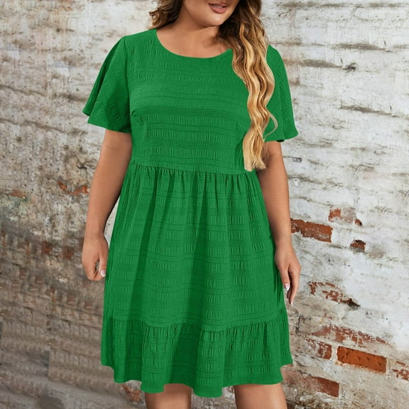Busydd Plus Size Dresses for Women L-5XL Trendy Round Neck Short Sleeve Spring Dresses Solid Color Tiered Summer Dress Casual Pleated Mini Dress