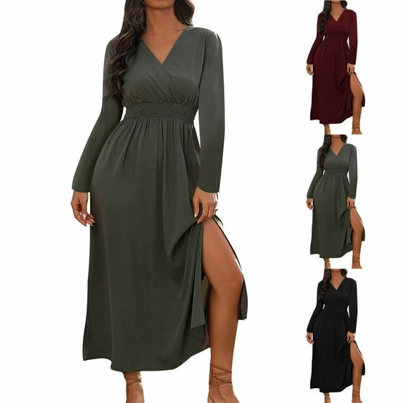 Busydd Plus Size Dresses for Women Solid Color Long Sleeve Women's Formal Dresses Fashion V Neck Tunic Slit Wedding Guest Dresses for Women XL