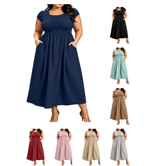 Busydd Plus Size Fall Dresses for Women Oversized Smocked Bust Round Neck Maxi Dress Casual Short Sleeve Solid Color Fall Dress with Pockets L