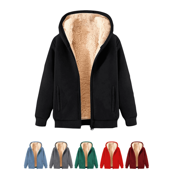 Busydd Plus Size Fleece Jacket Women Warm Cozy Solid Color Hooded Winter Jacket Trendy Casual Long Sleeve Zip up Jacket with Pockets 3XL