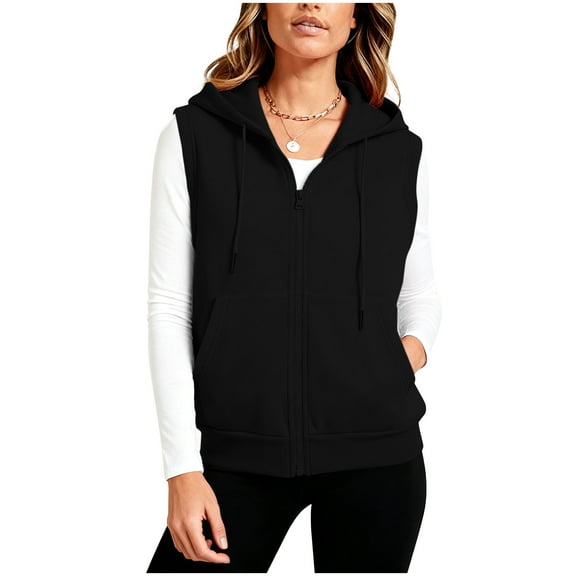 Busydd Plus Size Fleece Vest for Women Fall Fashion Solid Color Sleeveless Women's Outerwear Vests Casual Zip up Hooded Women's Vest with Pockets 3XL