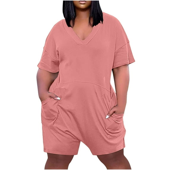 Busydd Plus Size Jumpsuit XL-5XL Short Sleeve V Neck One Piece Jumpsuits for Women Summer Solid Color Casual Short Jumpsuit with Pockets