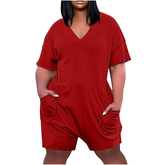 Busydd Plus Size Jumpsuit XL-5XL Short Sleeve V Neck One Piece Jumpsuits for Women Summer Solid Color Casual Short Jumpsuit with Pockets