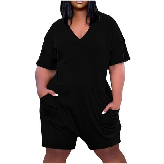Busydd Plus Size Jumpsuit XL-5XL Short Sleeve V Neck One Piece Jumpsuits for Women Summer Solid Color Casual Short Jumpsuit with Pockets