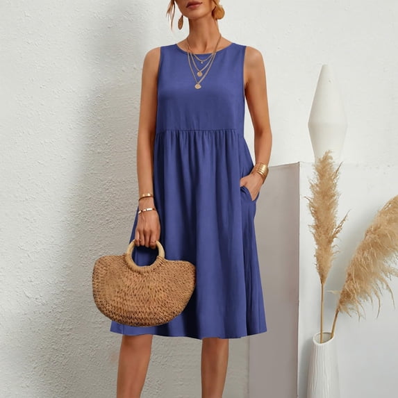 Busydd Plus Size Linen Dress Women Casual Sleeveless Solid Color Summer Dress Relaxed Round Neck Knee Length Sundresses with Pockets S