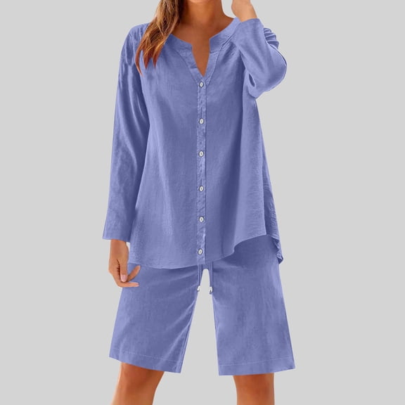 Busydd Plus Size Lounge Sets for Women Trendy Solid Color 2 Piece Sets for Women Summer Long Sleeve Button V Neck Blouses and Shorts Travel Casual Outfits for Women 5XL
