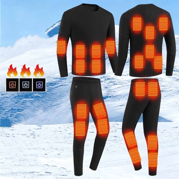 Busydd Plus Size Men Thermal Underwear Set Battery Not Included 22 Areas Heated Long Johns Set Winter Warm 2 Piece Solid Color Base Layer Set S