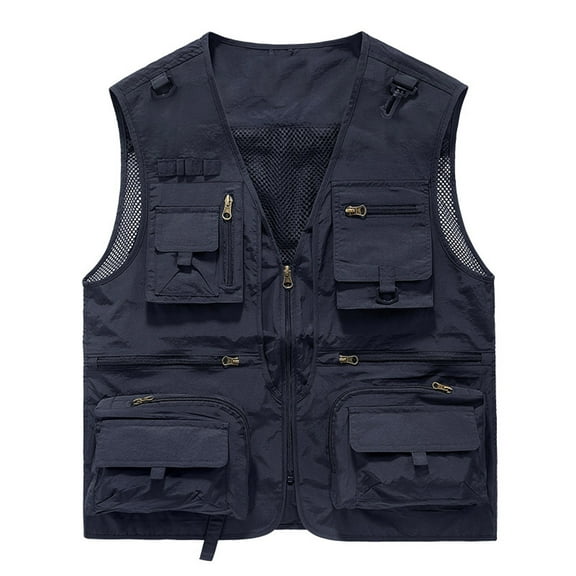 Busydd Plus Size Men's Outerwear Vests Comfy Zipper Sleeveless Outdoor Hiking Cargo Vest for Men Casual Solid Color Multi-Pockets Sport Coats for Men M