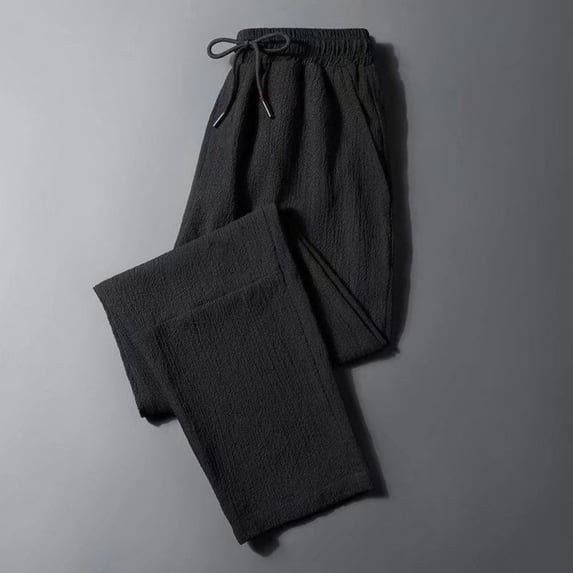 Busydd Plus Size Men's Pants Comfy Baggy Solid Color Casual Pants Oversized Elastic Waist Straight Leg Pants Summer Breathable Textured Drawstring Trousers with Pockets M