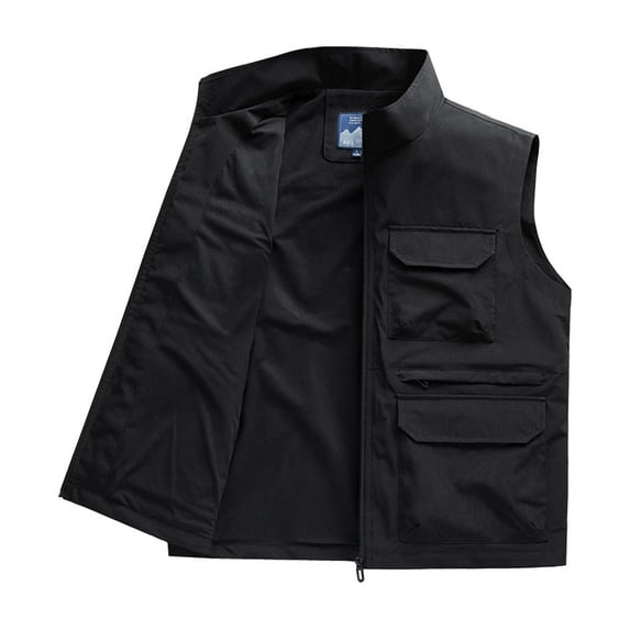 Busydd Plus Size Men's Vest Solid Color Sleeveless Outdoor Hiking Vest Casual Oversized Zipper Men's Outerwear Vests Fashion Stand Collar Sport Coats with Pockets 4XL