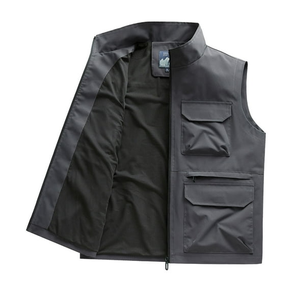 Busydd Plus Size Men's Vest Solid Color Sleeveless Outdoor Hiking Vest Casual Oversized Zipper Men's Outerwear Vests Fashion Stand Collar Sport Coats with Pockets 4XL