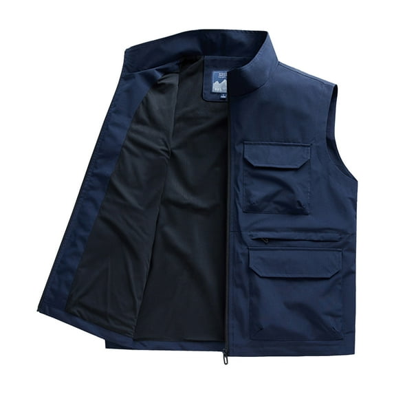 Busydd Plus Size Men's Vest Solid Color Sleeveless Outdoor Hiking Vest Casual Oversized Zipper Men's Outerwear Vests Fashion Stand Collar Sport Coats with Pockets M