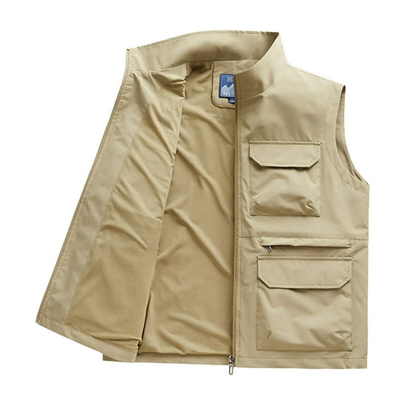 Busydd Plus Size Men's Vest Solid Color Sleeveless Outdoor Hiking Vest Casual Oversized Zipper Men's Outerwear Vests Fashion Stand Collar Sport Coats with Pockets M