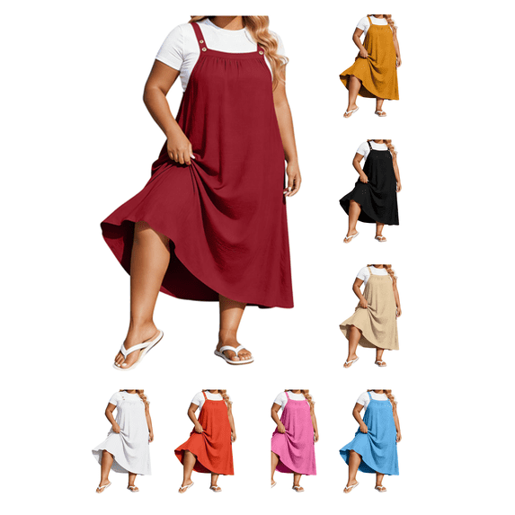 Busydd Plus Size Overall Maxi Dresses for Women Fashion Square Neck Wide Straps Fall Dress Casual Oversized Loose Solid Color Sleeveless Dress 2XL