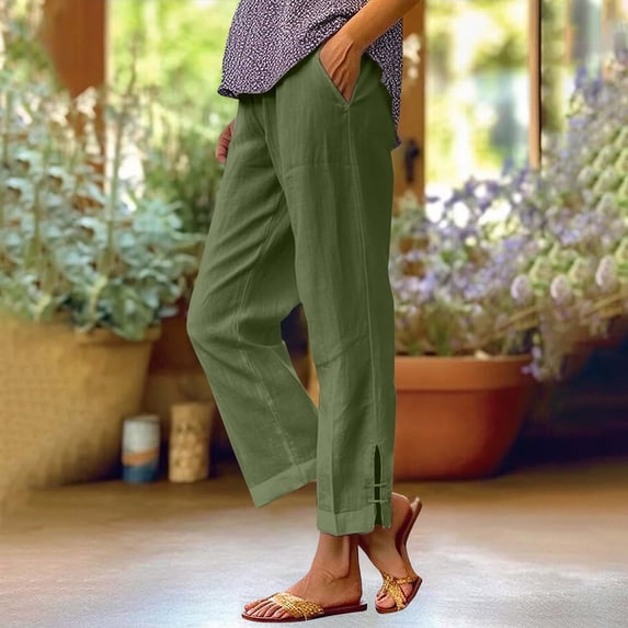 Busydd Plus Size Pants for Women Comfy Oversized Solid Color Women's Pants Elastic Waist Straight Leg Pants Casual Baggy Linen Pants with Pockets 5XL