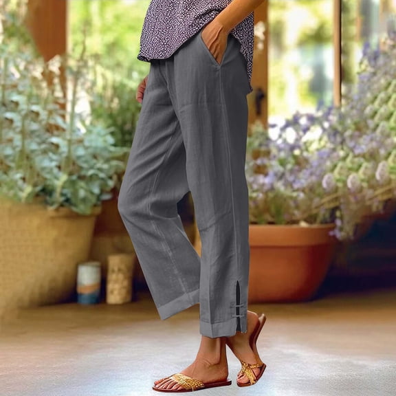 Busydd Plus Size Pants for Women Comfy Oversized Solid Color Women's Pants Elastic Waist Straight Leg Pants Casual Baggy Linen Pants with Pockets M