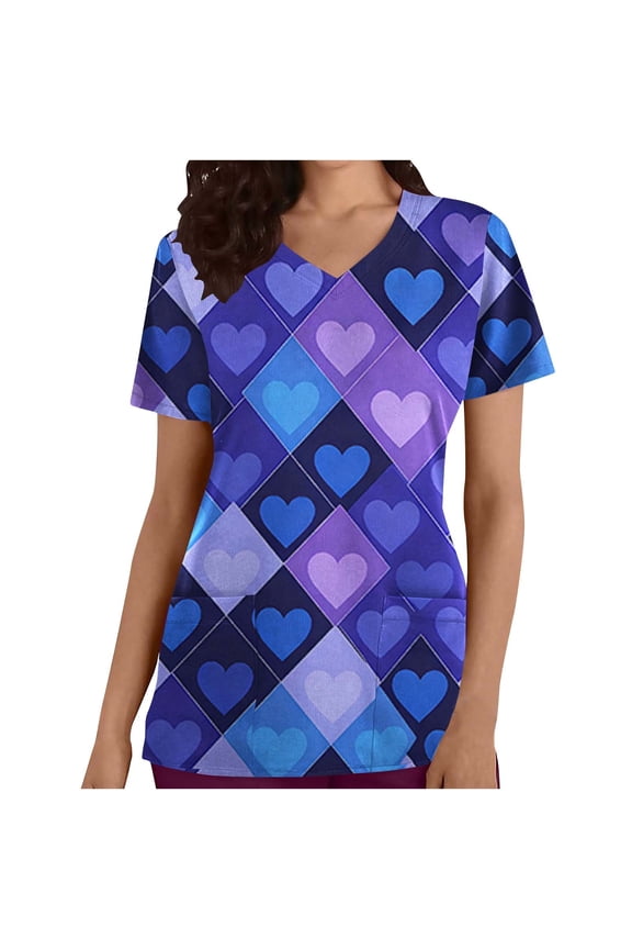Plus Size Scrub Tops Women Fashion Graphic Print Valentines Day Nursing Scrub Top Casual Oversized Short Sleeve V Neck Women Scrubs with Pockets