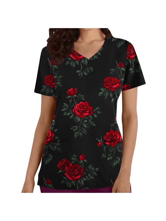 Plus Size Scrub Tops Women Fashion Graphic Print Valentines Day Nursing Scrub Top Casual Oversized Short Sleeve V Neck Women Scrubs with Pockets
