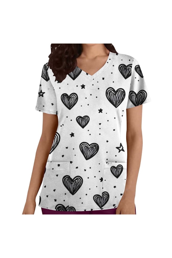 Plus Size Scrub Tops Women Fashion Graphic Print Valentines Day Nursing Scrub Top Casual Oversized Short Sleeve V Neck Women Scrubs with Pockets