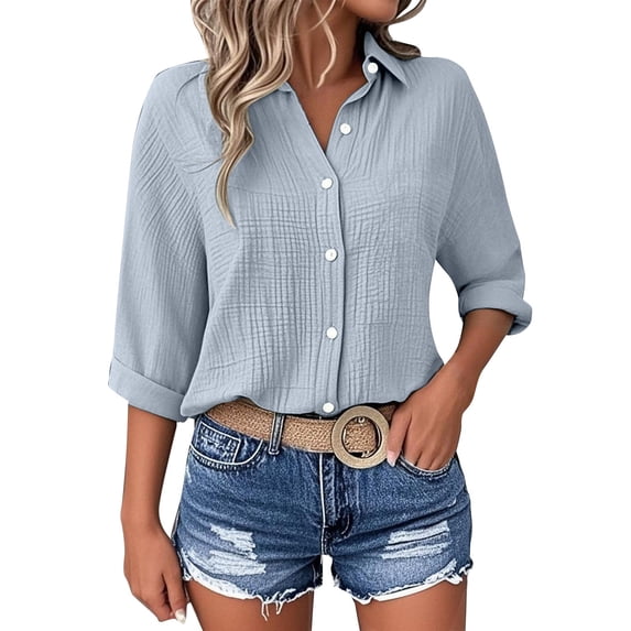 Busydd Plus Size Shirts for Women Dressy Casual Ribbed Button Down Shirts 3/4 Length Sleeve Solid Color Summer Tops Oversized Lapel Dress Shirt Blouses 5XL