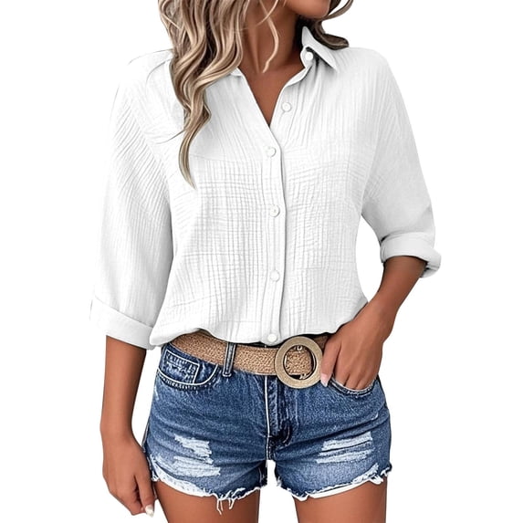 Busydd Plus Size Shirts for Women Dressy Casual Ribbed Button Down Shirts 3/4 Length Sleeve Solid Color Summer Tops Oversized Lapel Dress Shirt Blouses S