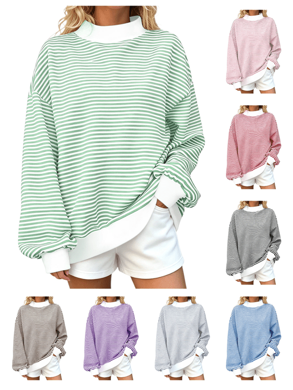Plus Size Striped Sweatshirts For Women Trendy Fall Long Sleeve Pullover Tops Casual Oversized Long Sleeve Crewneck Sweatshirt