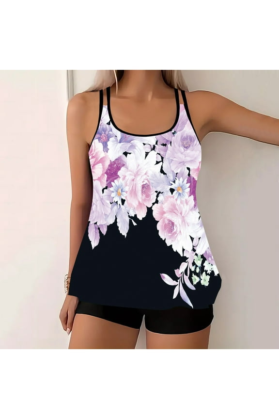 Plus Size Swimsuit for Women S-5XL Two Piece Tankini Bathing Suits Trendy Floral Print Sleeveless Swimwear with Boyshorts
