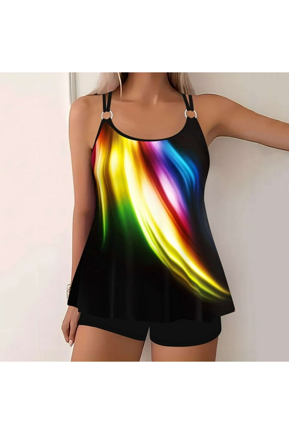 Plus Size Swimsuit for Women S-5XL Two Piece Tankini Bathing Suits Trendy Floral Print Sleeveless Swimwear with Boyshorts