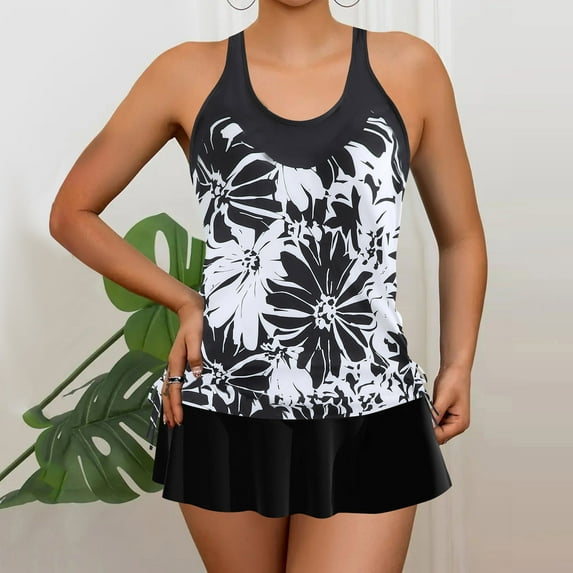 Busydd Plus Size Swimsuit for Women S-5XL Two Piece Tankini Bathing Suits Trendy Floral Print Sleeveless Swimwear with Skirt