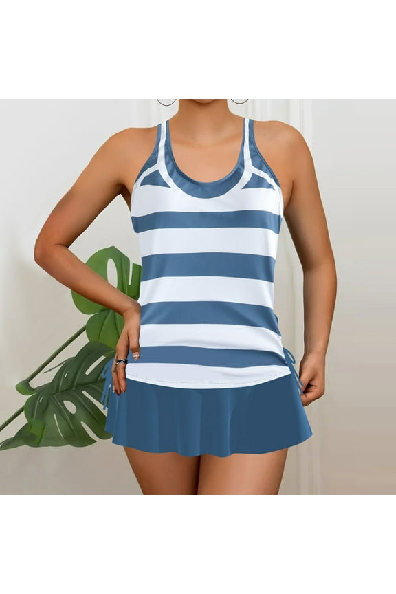 Plus Size Swimsuit for Women S-5XL Two Piece Tankini Bathing Suits Trendy Floral Print Sleeveless Swimwear with Skirt