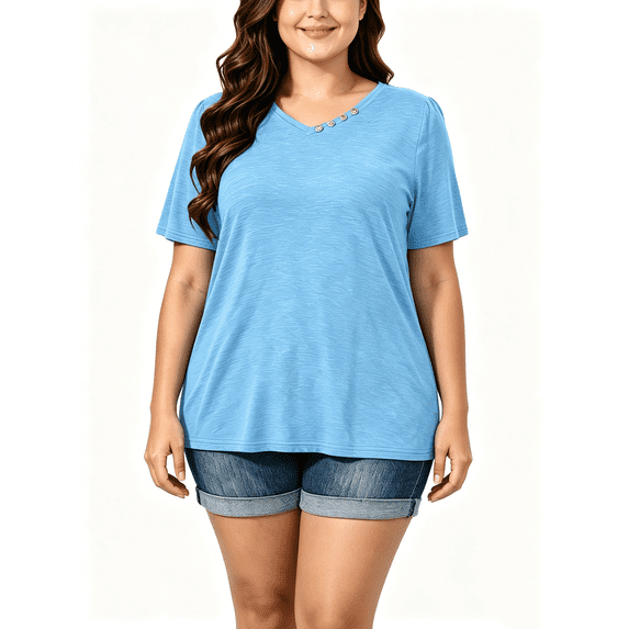 Busydd Plus Size T Shirts for Women Solid Color V Neck Oversized Tshirts Casual Versatile Short Sleeve Summer Tee 4XL