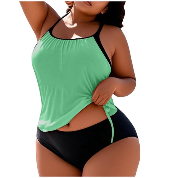Busydd Plus Size Tankini Swimsuits for Women Solid Color 2 Piece Swimsuit for Women Summer Round Neck Sleeveless Padded Tops and Briefs Womens Bathing Suits Tankinis 2XL