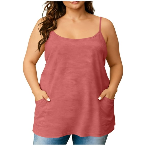 Busydd Plus Size Tops for Women Casual Oversized Solid Color Sleeveless Womens Tank Tops Round Neck Spaghetti Straps Camisole Tops for Women with Pockets 2XL