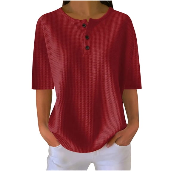 Busydd Plus Size Tops for Women Trendy Ribbed Solid Color Womens Summer Tops Casual Button Round Neck Going Out Tops for Women 5XL