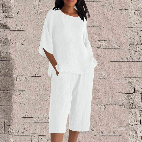 Busydd Plus Size Two Piece Sets for Women Casual Loose Solid Color Womens Lounge Set Fashion Comfy 3/4 Length Sleeve Tops and Elastic Waist Shorts Matching Sets Women Clothing 2XL