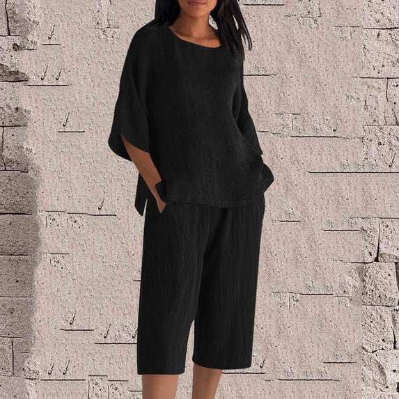 Busydd Plus Size Two Piece Sets for Women Casual Loose Solid Color Womens Lounge Set Fashion Comfy 3/4 Length Sleeve Tops and Elastic Waist Shorts Matching Sets Women Clothing 4XL