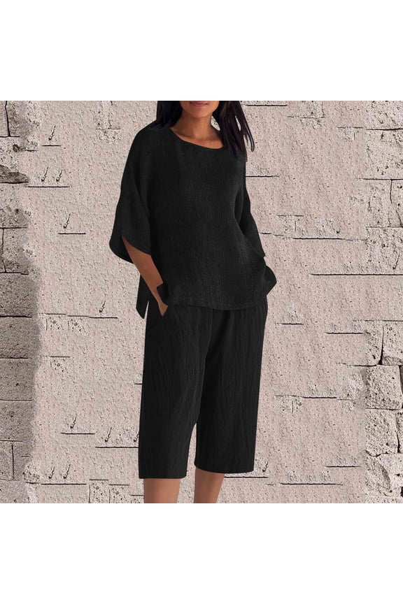 Plus Size Two Piece Sets for Women Casual Loose Solid Color Womens Lounge Set Fashion Comfy 3/4 Length Sleeve Tops and Elastic Waist Shorts Matching Sets Women Clothing 2XL