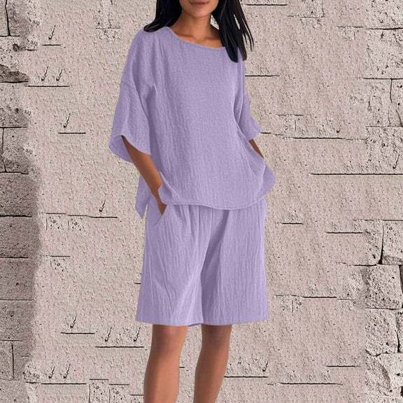 Busydd Plus Size Two Piece Sets for Women Casual Loose Solid Color Womens Lounge Set Fashion Comfy 3/4 Length Sleeve Tops and Elastic Waist Shorts Matching Sets Women Clothing L