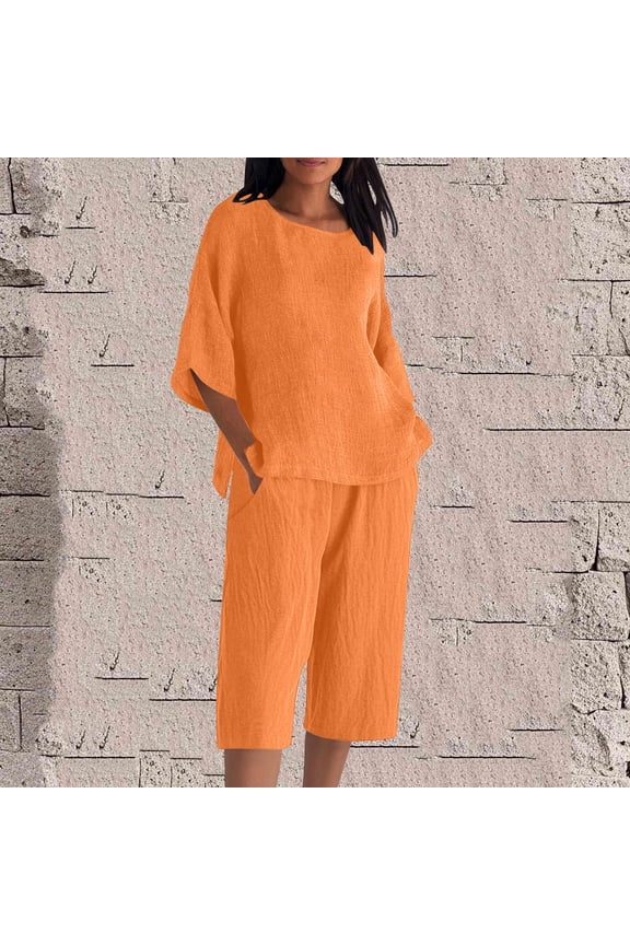 Plus Size Two Piece Sets for Women Casual Loose Solid Color Womens Lounge Set Fashion Comfy 3/4 Length Sleeve Tops and Elastic Waist Shorts Matching Sets Women Clothing S